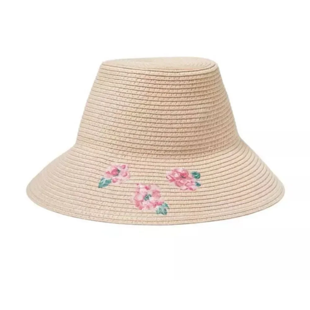 Janie and Jack Beige Straw Sun Hat with Pink Floral Embroidery ~ NWT